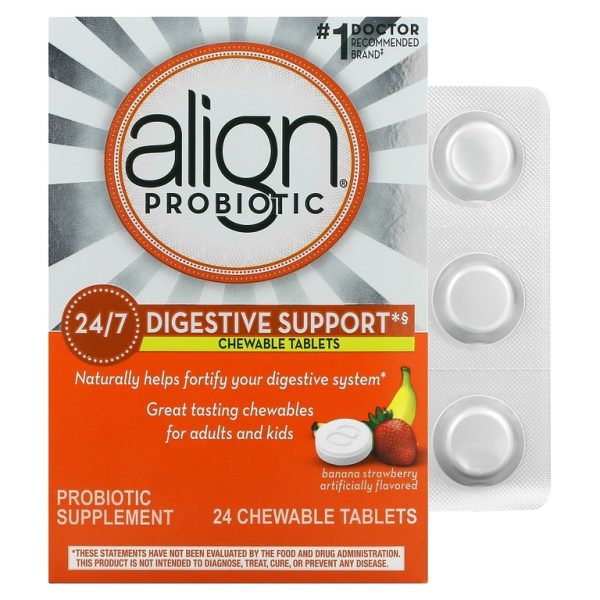 Align Probiotics, поддержка пищеварения 24/7, банан и клубника, 10,5 мг, 24 жевательные таблетки (Товар снят с продажи)
