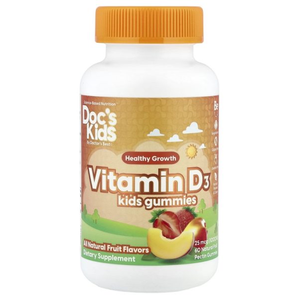 Doctor's Best, Doc's Kids, жевательный витамин D3 для детей, натуральный фруктовый вкус, 25 мкг (1000 МЕ), 60 жевательных таблеток с натуральным фруктовым пектином