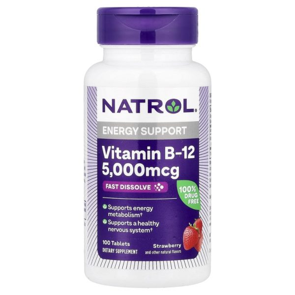 Natrol, витамин B12, быстрорастворимый, максимальная эффективность, с клубничным вкусом, 5000 мкг, 100 таблеток