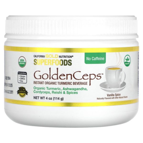 California Gold Nutrition, Superfoods, GoldenCeps, органическая куркума с ашвагандой, кордицепсом и рейши, 114 г (4 унции)