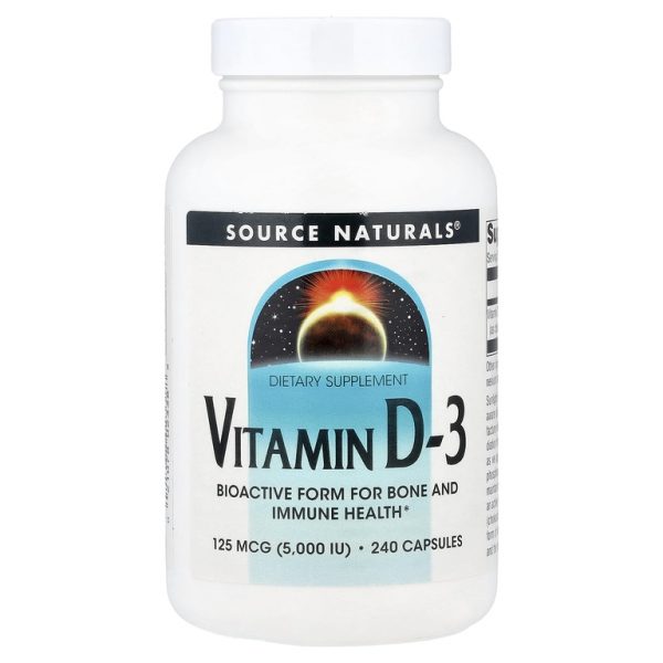 Source Naturals, витамин D3, 125 мкг (5000 МЕ), 240 капсул