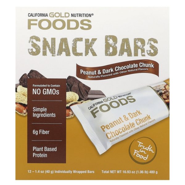 California Gold Nutrition, Foods, батончики с арахисом и кусочками тёмного шоколада, с миндалём сухого обжаривания, клетчаткой из корня цикория, гороховыми чипсами и мёдом, 12 батончиков по 40 г (1,4 унции)