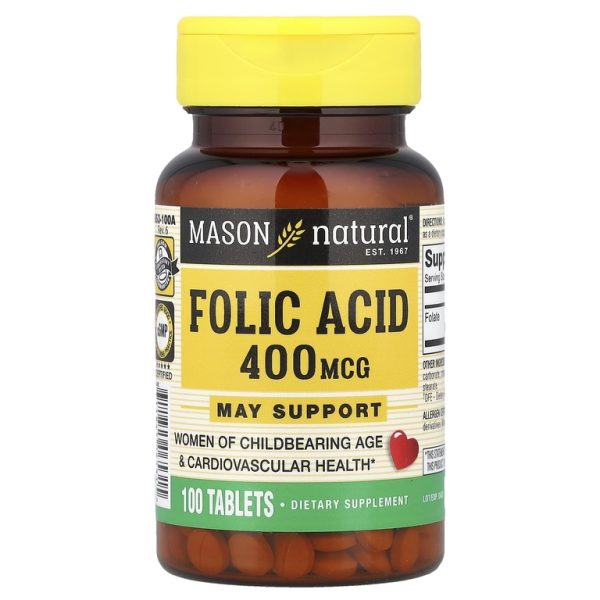 Mason Natural, фолиевая кислота, 400 мкг, 100 таблеток