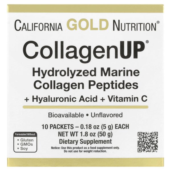 California Gold Nutrition, CollagenUP®, гидролизованные пептиды морского коллагена с гиалуроновой кислотой и витамином C, с нейтральным вкусом, 10 пакетиков по 5 г (0,18 унции)