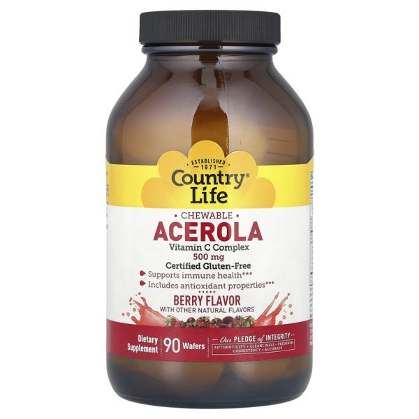 Country Life, жевательная ацерола, комплекс с витамином C, со вкусом ягод, 500 мг, 90 жевательных таблеток