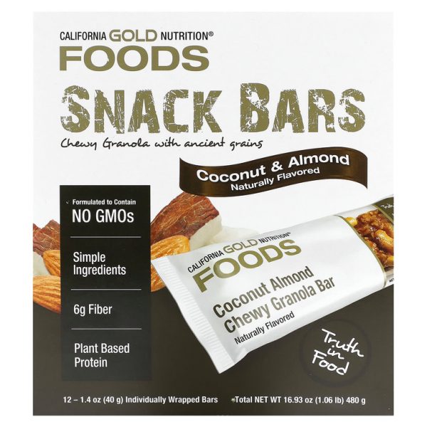 California Gold Nutrition, Foods, жевательные батончики-мюсли с кокосом и миндалем, 12 батончиков по 40 г (1,4 унции)