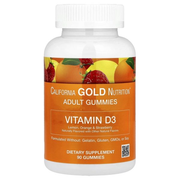 California Gold Nutrition, жевательный витамин D3, со вкусами лимона, апельсина и клубники, 90 жевательных таблеток (25 мкг (1000 МЕ) в 1 таблетке)