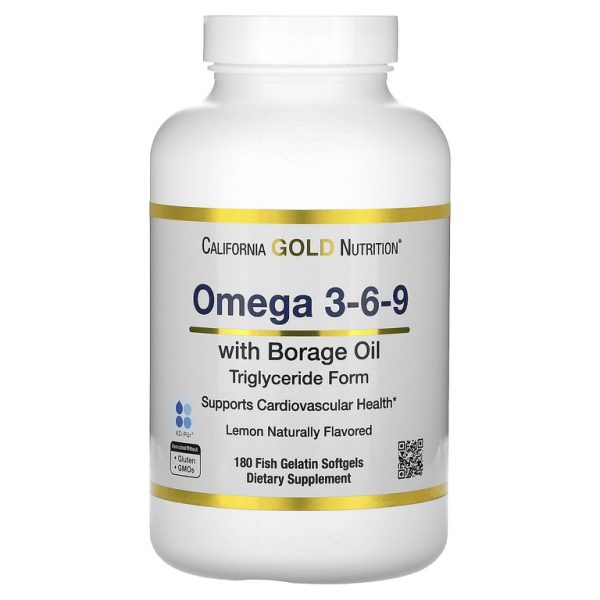 California Gold Nutrition, омега 3–6–9, с рыбьим жиром с омега-3 и маслом из семян бурачника, ЭПК, ДГК, ГЛК и линолевой кислотой, натуральный лимонный вкус, 180 капсул