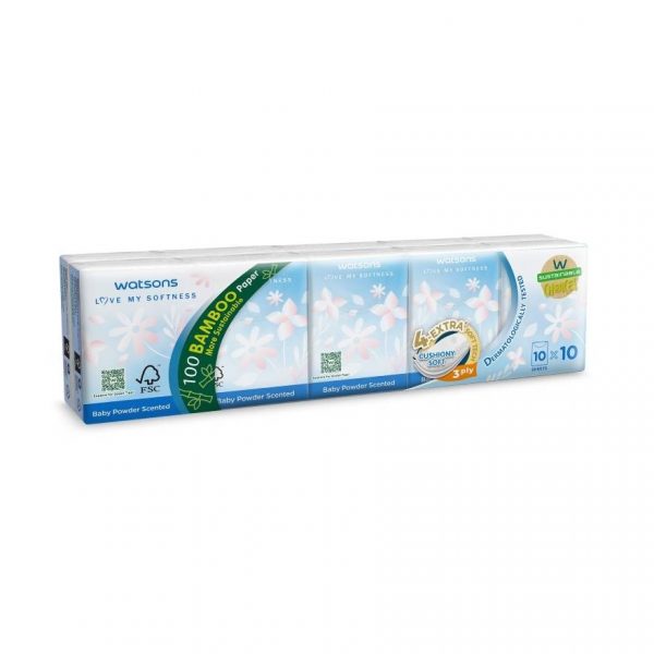 Watsons Velvety Soft Mini Hankies (Baby Powder Scented) 3ply 10pcs. Оригинал