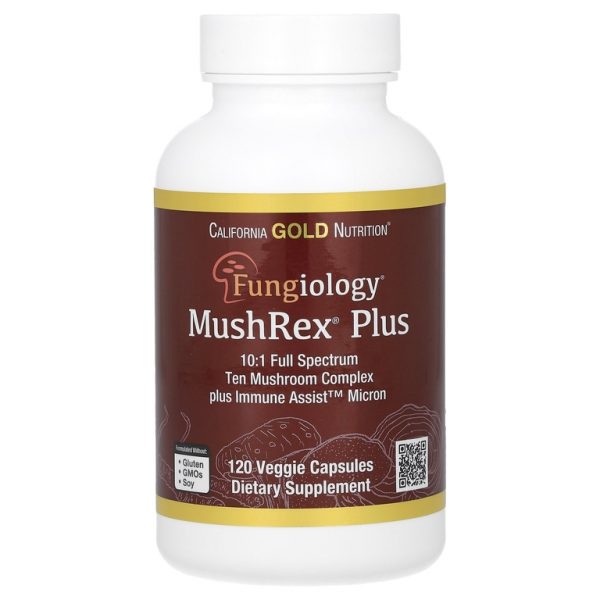 California Gold Nutrition, Fungiology, MushRex Plus, комплекс из 10 грибов полного спектра с агариком, чагой, кордицепсом и ежовиком гребенчатым, 120 капсул Plantcaps