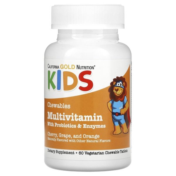 California Gold Nutrition, жевательные мультивитамины с пробиотиками, ферментами, витаминами A и C для детей, фруктовое ассорти, 60 вегетарианских таблеток