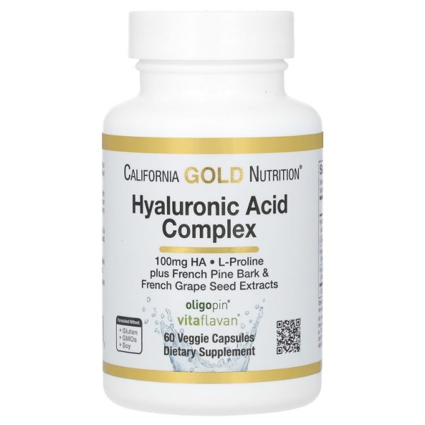 California Gold Nutrition, комплекс гиалуроновой кислоты с L-пролином, экстрактом косточек французского винограда и коры французской приморской сосны, 60 растительных капсул