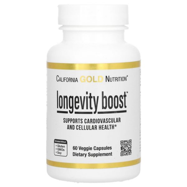 California Gold Nutrition, Longevity Boost с транс-ресвератролом, экстрактом листьев оливкового дерева, смесью экстрактов винограда и среднецепочечными триглицеридами, 60 растительных капсул