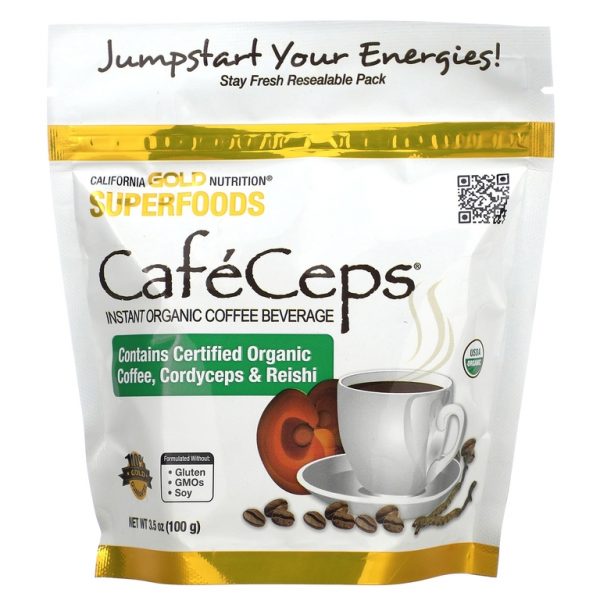 California Gold Nutrition, CafeCeps, сертифицированный органический растворимый кофе с порошком из органических грибов кордицепса и рейши полного спектра, 100 г (3,5 унции)