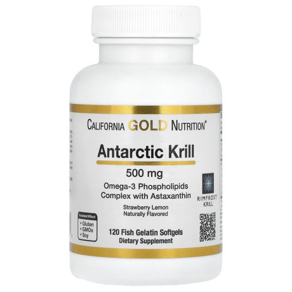 California Gold Nutrition, Масло антарктического криля, комплекс фосфолипидов омега-3 с астаксантином, натуральной клубникой и лимоном, 500 мг, 120 мягких капсул с рыбьим желатином