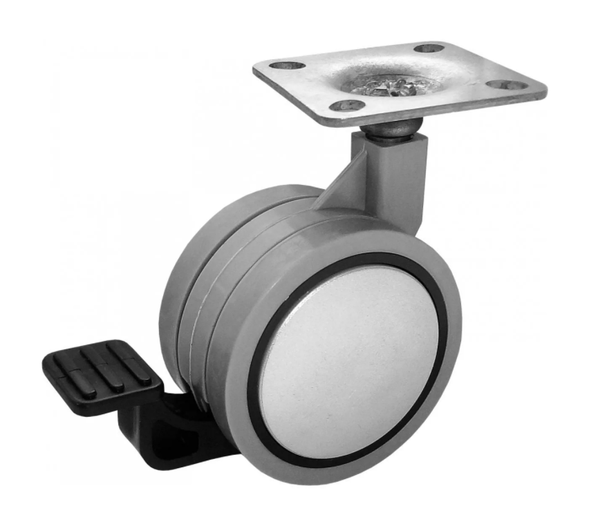 Опора колесная d=60 ОКП 60 (ОК 60) с пласт. пятой, мягким ходом, с тормозом серый 