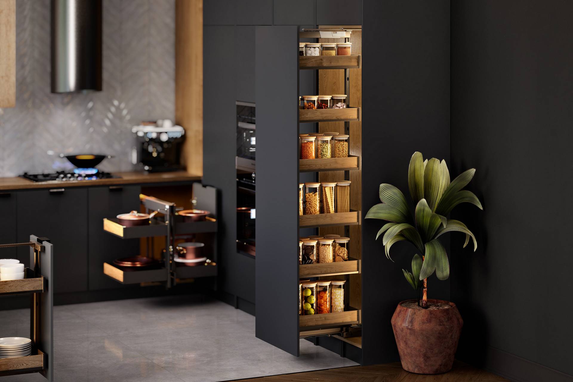 Cтеллаж 300 мм Черный матовый/дуб с доводчиком WE35.0028.12.C74+WE35.0032.01.A18 REJS 