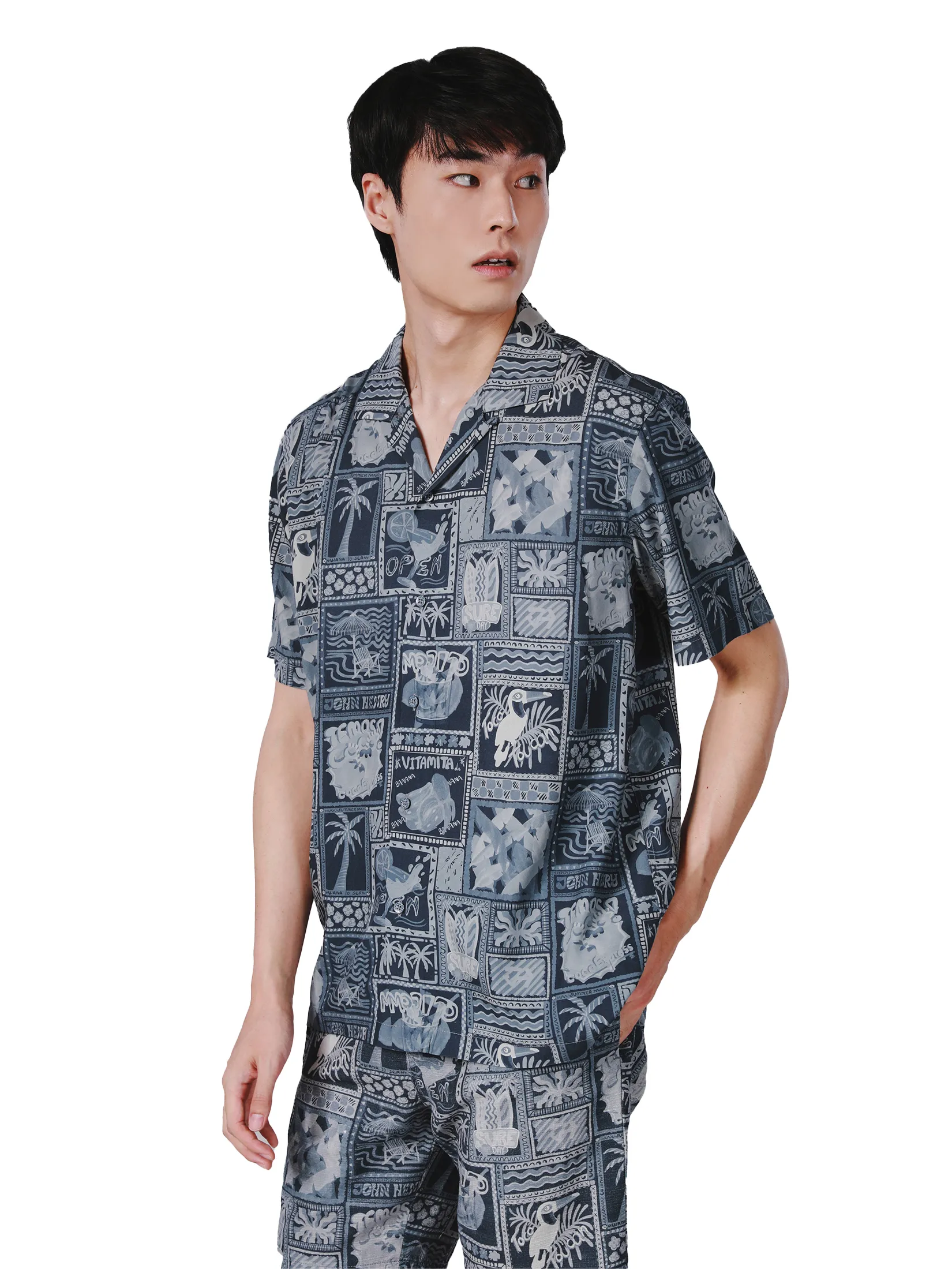 JOHN HENRY Men s Short Sleeves Hawaii Shirts (Relaxed Fit) SONGKRAN FESTIVAL Grey