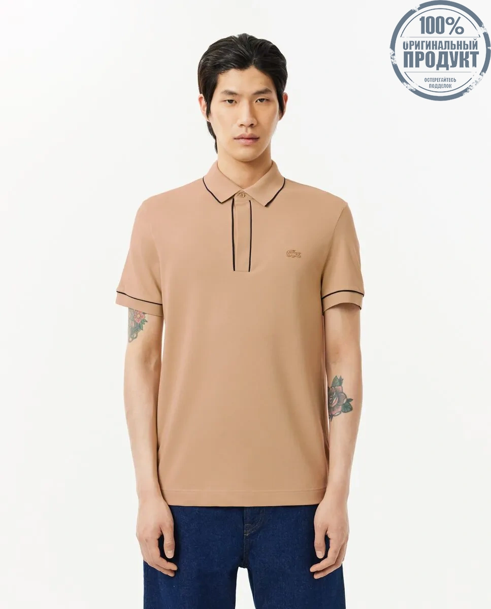 LACOSTE Regular Fit Paris Stretch Piqu  Polo Shirt Beige LACOSTE Regular Fit Paris Stretch Piqu  Polo Shirt Beige