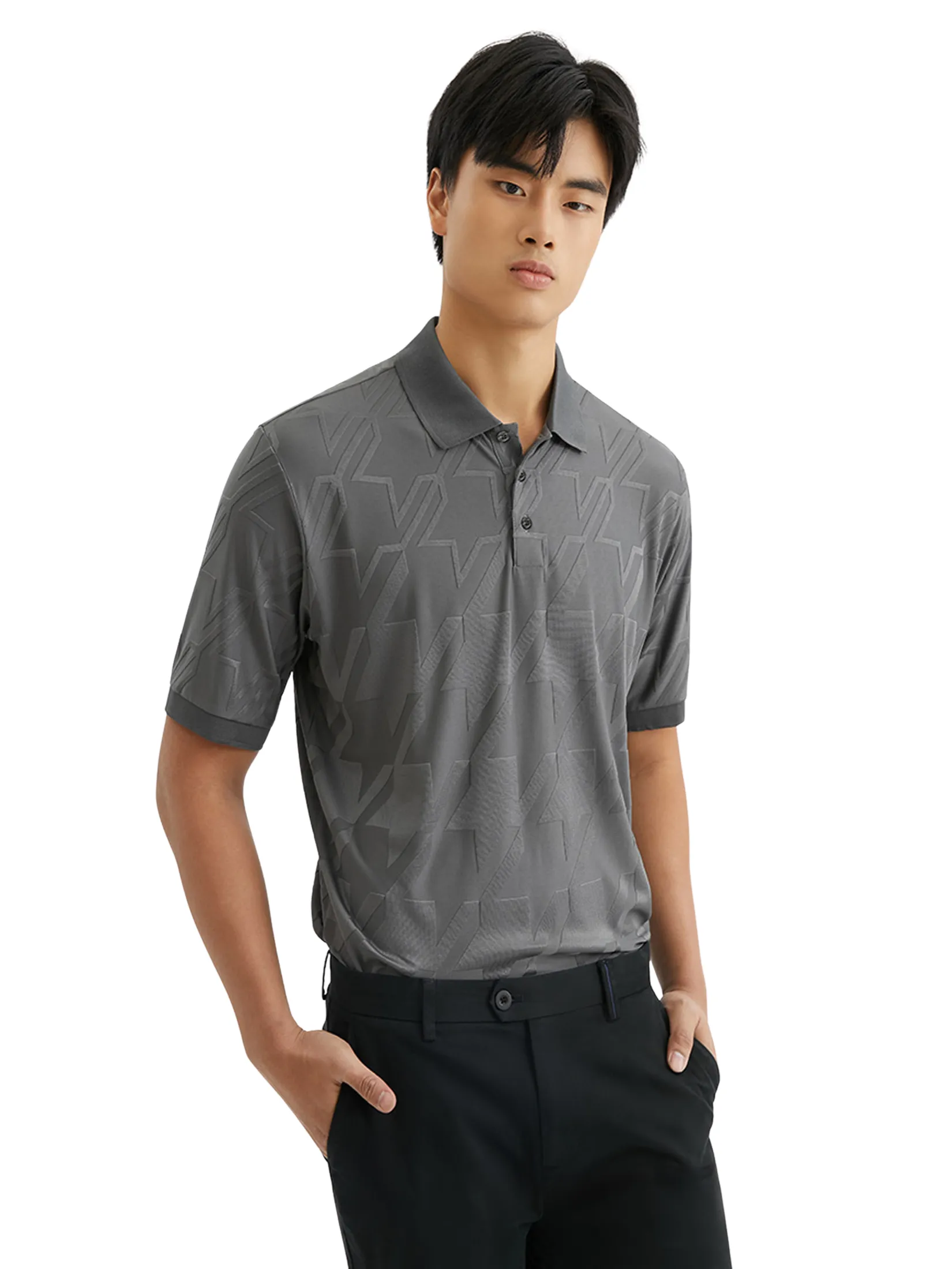 DAPPER Men Houndstooth Jacquard Polo Shirt Grey DAPPER Men Houndstooth Jacquard Polo Shirt Grey