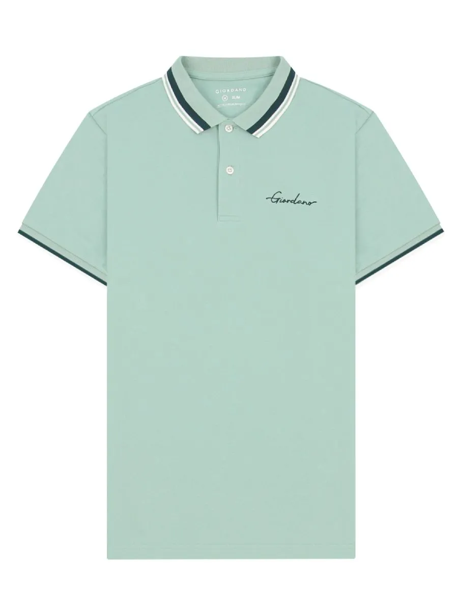 GIORDANO Men's Signature Pique Embroidery Solid Polo Green Surf GIORDANO Men's Signature Pique Embroidery Solid Polo Green Surf