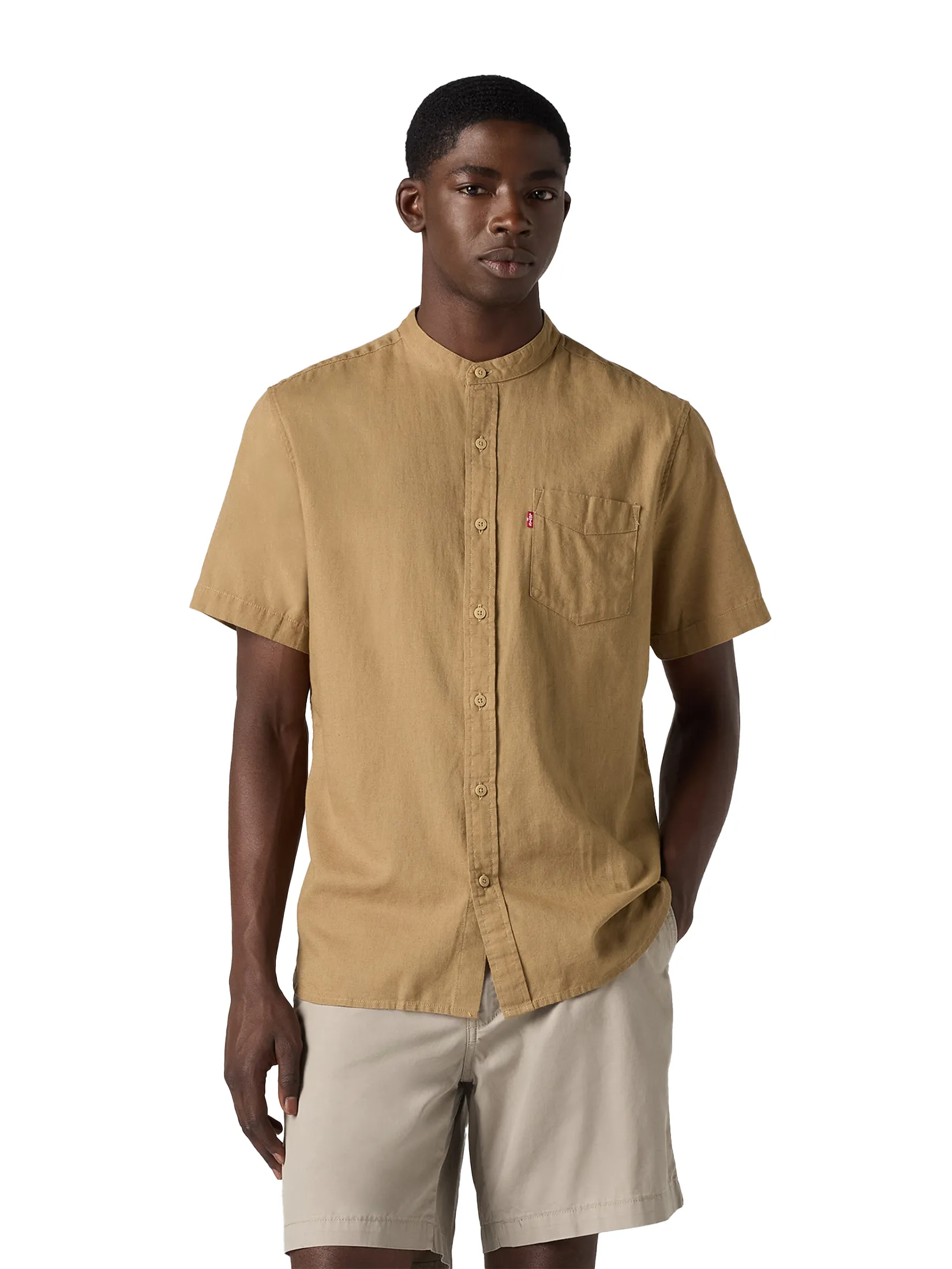 LEVI'S Men's Short-Sleeve Banded Collar Shirt Tan LEVI'S Men's Short-Sleeve Banded Collar Shirt Tan