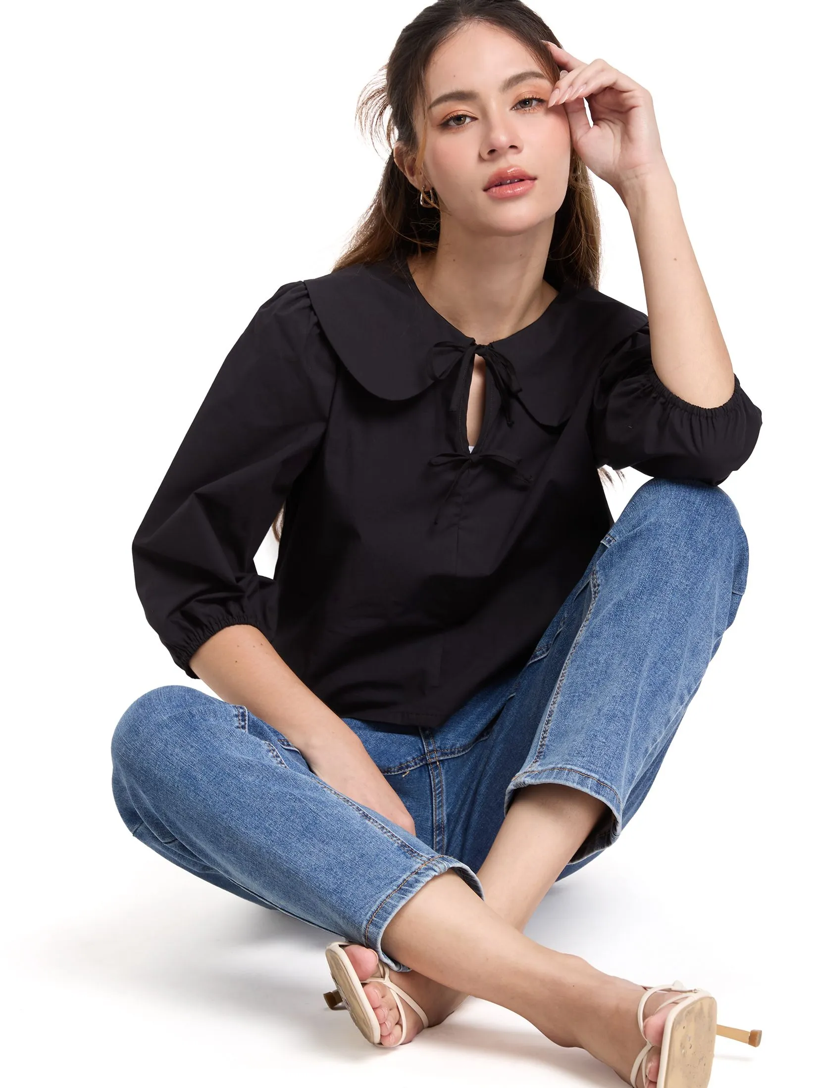 FOF Women Blouse Puff Sleeved Tie Detail FOF Women Blouse Puff Sleeved Tie Detail