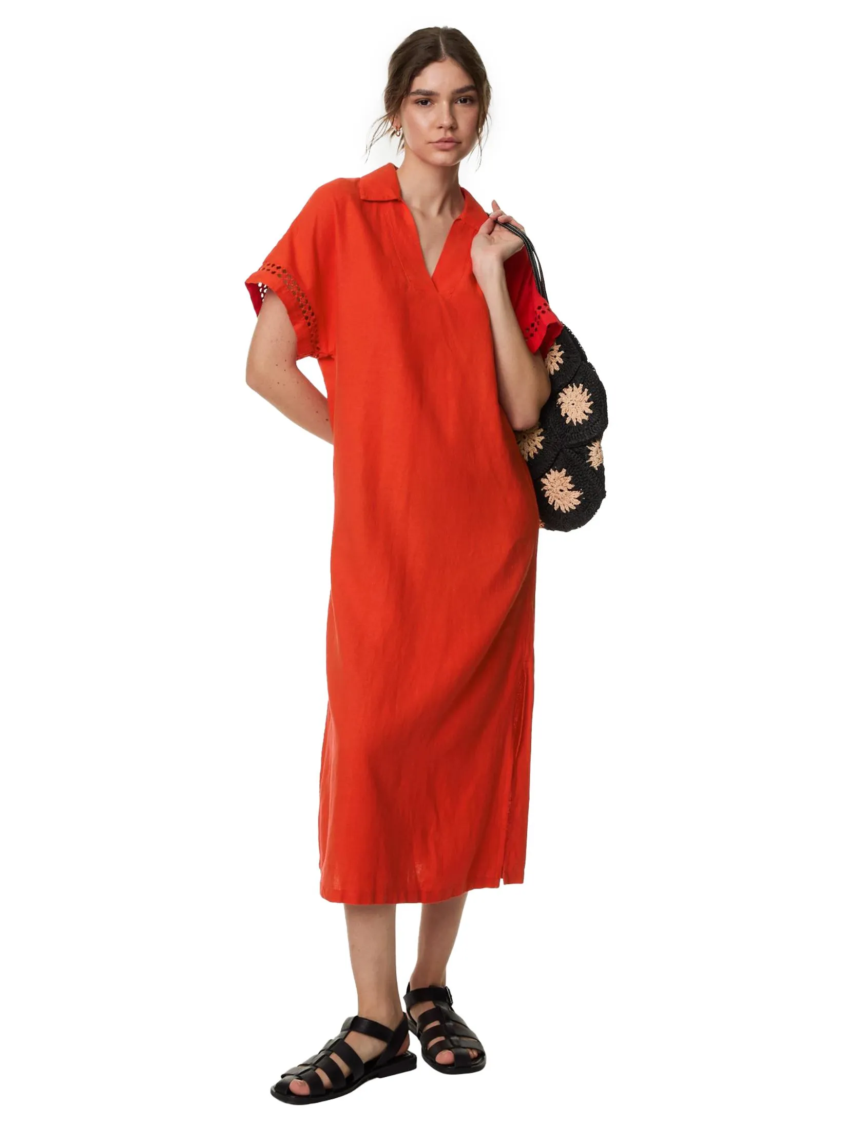 MARKS & SPENCER Women Midi Shift Dress Linen Rich V-Neck Collared MARKS & SPENCER Women Midi Shift Dress Linen Rich V-Neck Collared