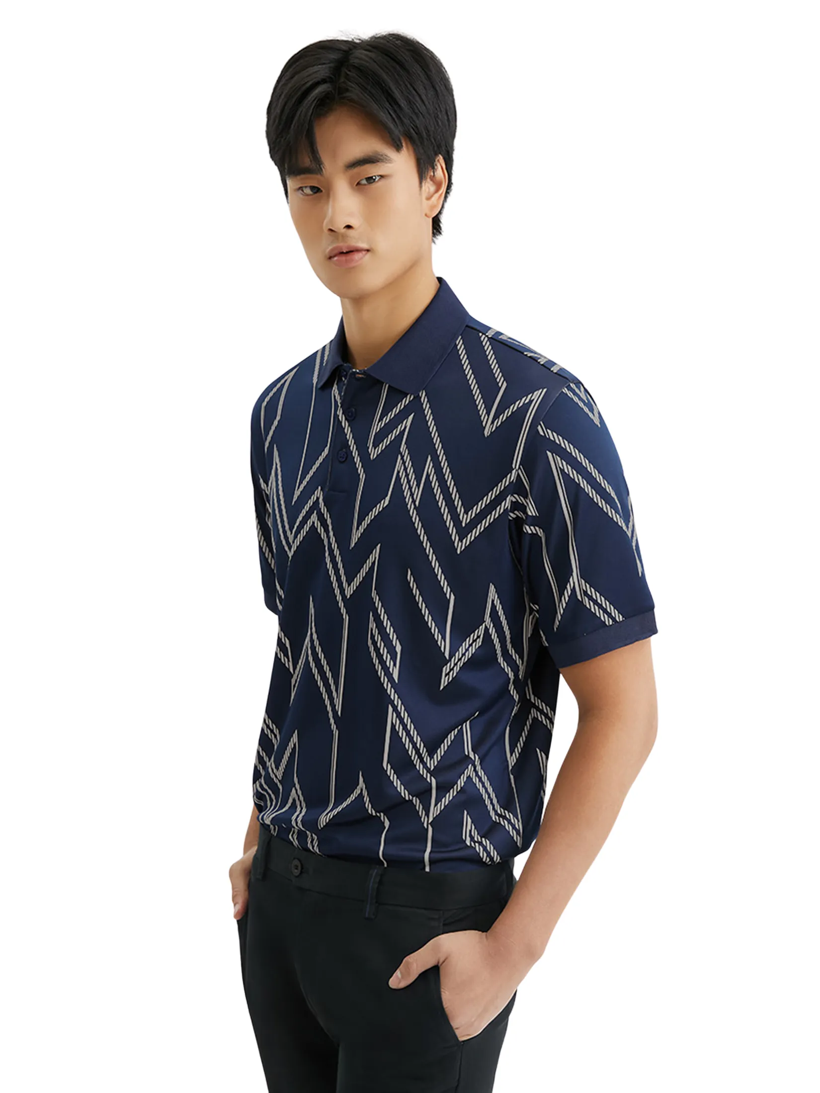 DAPPER Men Rope Chevron Jacquard Polo Shirt Navy DAPPER Men Rope Chevron Jacquard Polo Shirt Navy