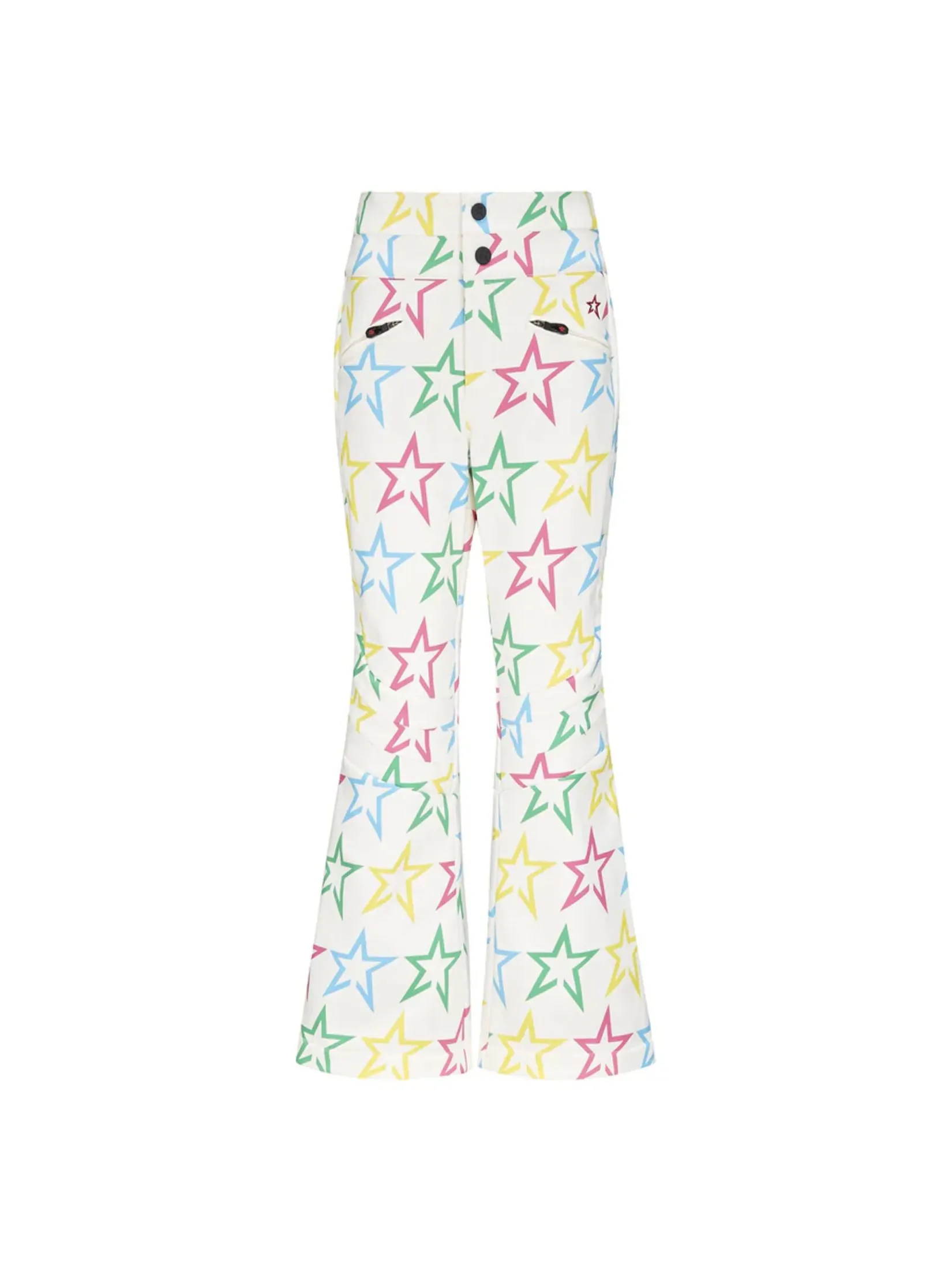 PERFECT MOMENT AURORA HIGH WAIST FLARE PANT IN LOGO STAR PRINT/ SNOW WHITE AND RAINBOW PERFECT MOMENT AURORA HIGH WAIST FLARE PANT IN LOGO STAR PRINT/ SNOW WHITE AND RAINBOW