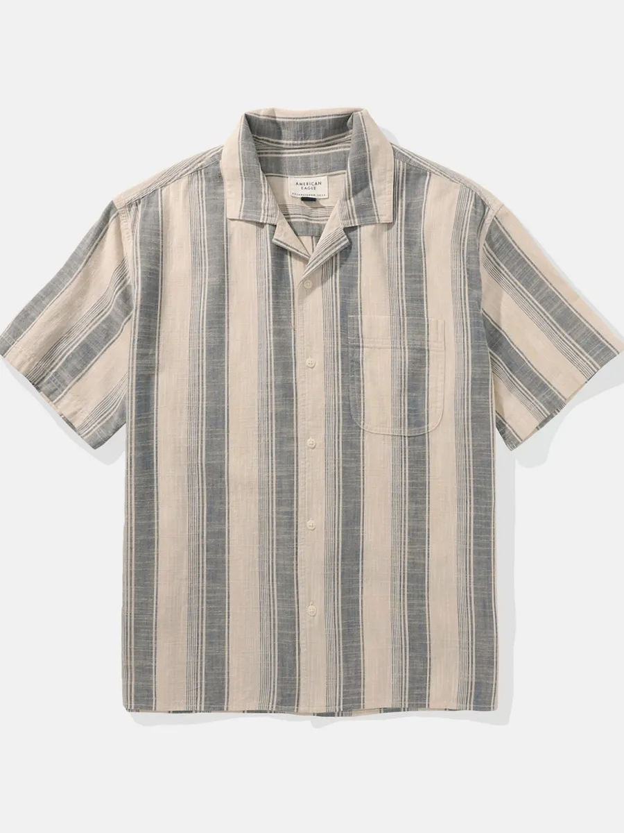 American Eagle MEN SS OVERSIZED CAMP COLLAR SLUB COTTON SHIRT 212 KHAKI