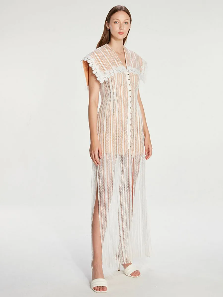 JANESUDA (SS23) White Long lace Women dress with sailor collar JANESUDA (SS23) White Long lace Women dress with sailor collar