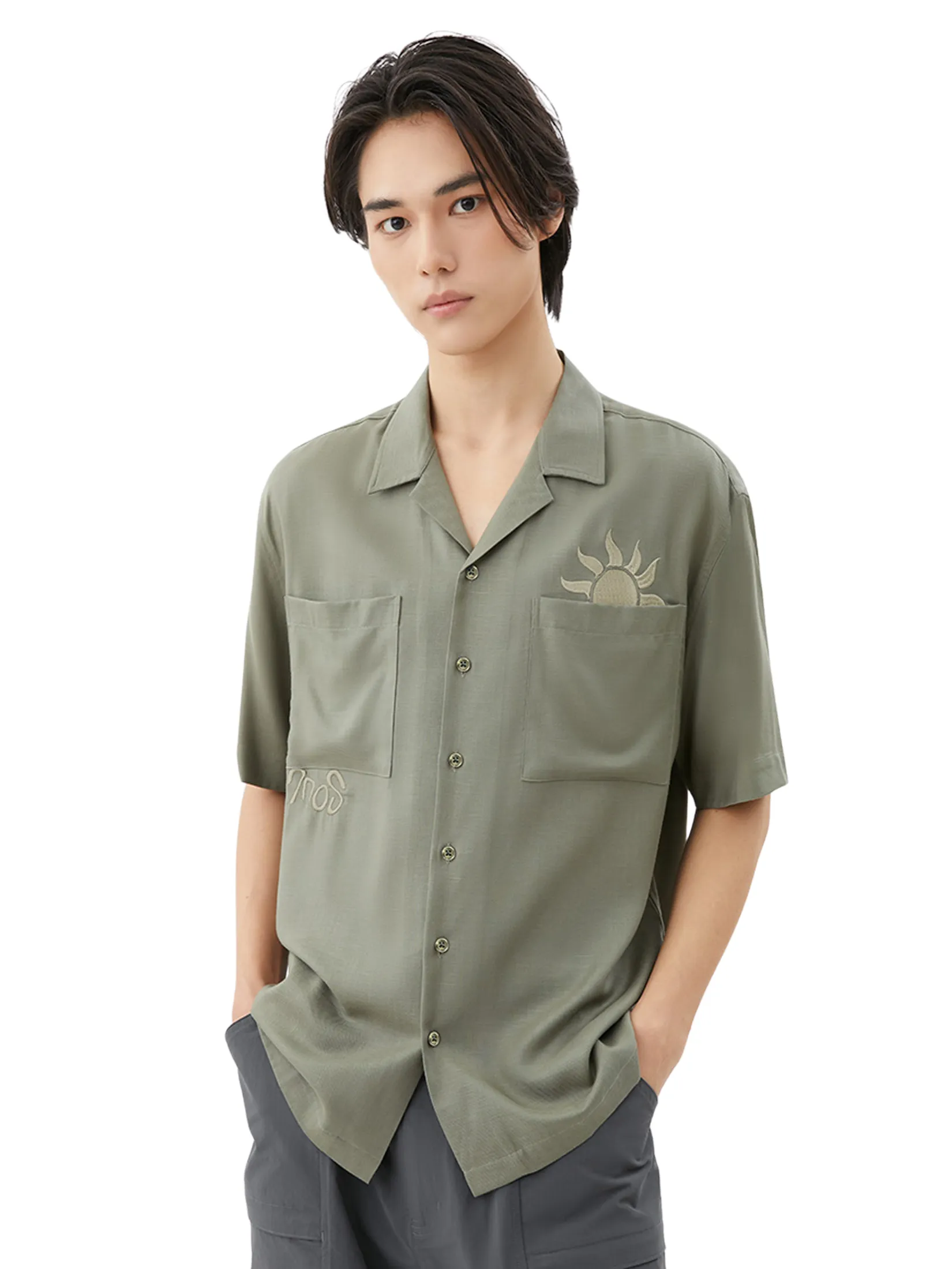 DAPPER DAPPER Sunshine Embroidery Hawaii Shirt Olive Green