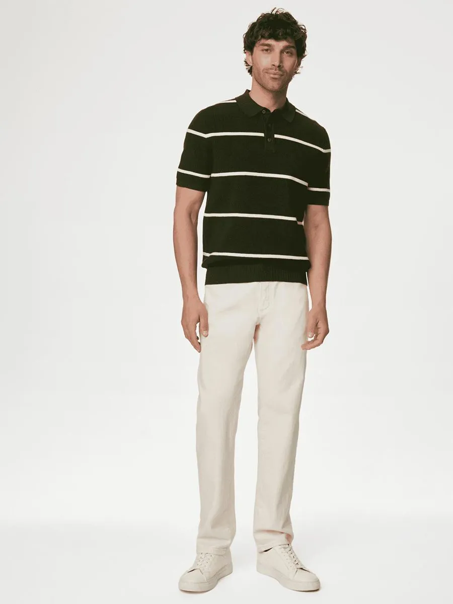 MARKS & SPENCER Men Polo Shirt Cotton Rich Striped Knitted Kh_Khaki