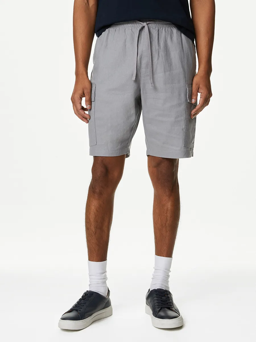MARKS & SPENCER Men Chino Shorts Linen Blend Elasticated Waist Utility Grey MARKS & SPENCER Men Chino Shorts Linen Blend Elasticated Waist Utility Grey