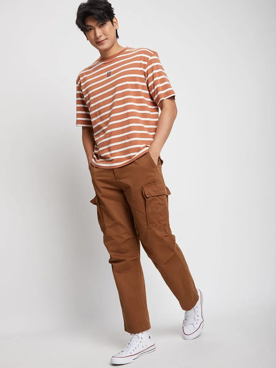 DEFRY 01 Men T-Shirt Crew Neck Short Sleeves Striped Printed Brown DEFRY 01 Men T-Shirt Crew Neck Short Sleeves Striped Printed Brown