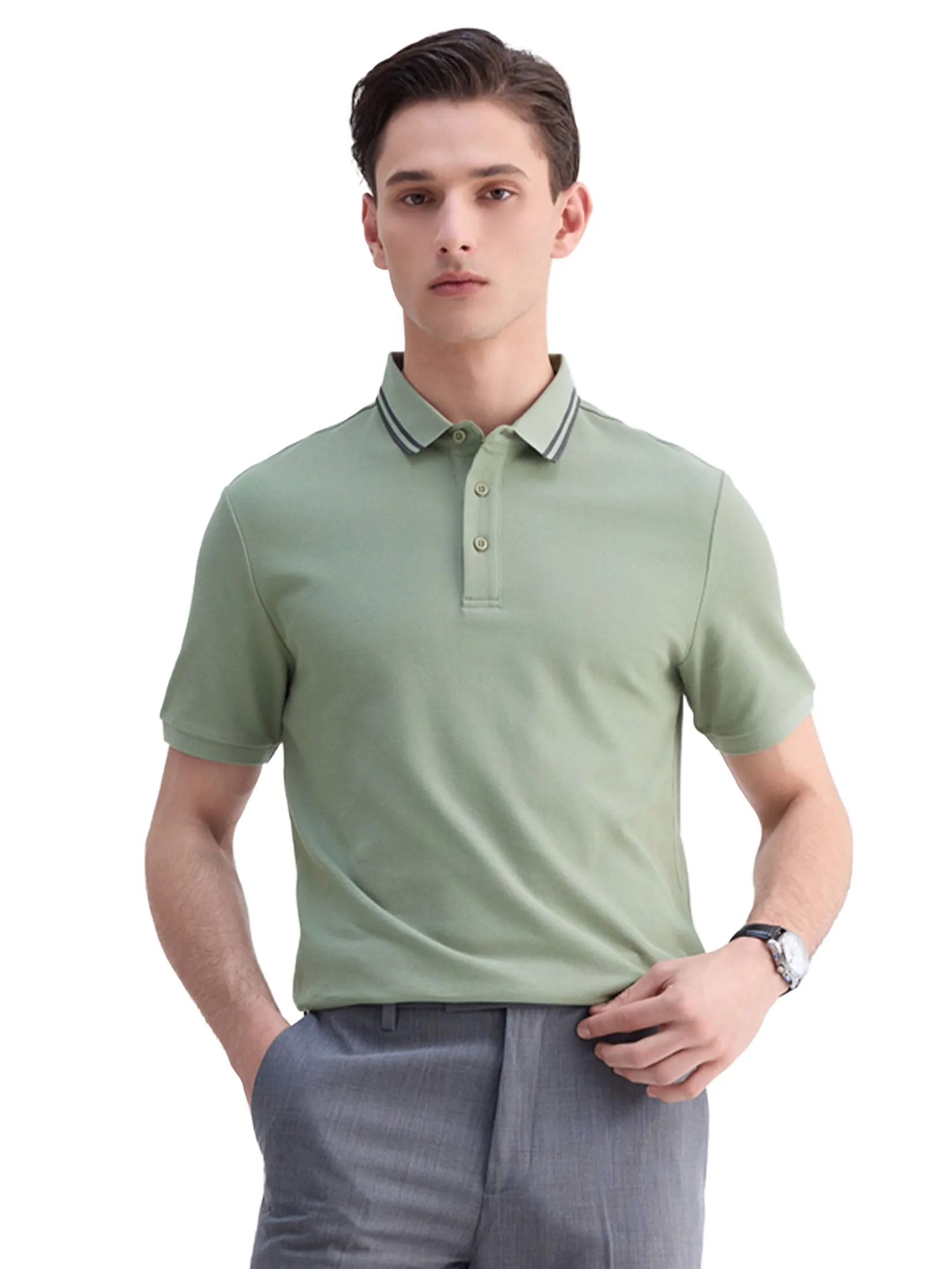 GIORDANO Men's Beau Monde Contrasting Ice Cooling Polo Shirt Green GIORDANO Men's Beau Monde Contrasting Ice Cooling Polo Shirt Green