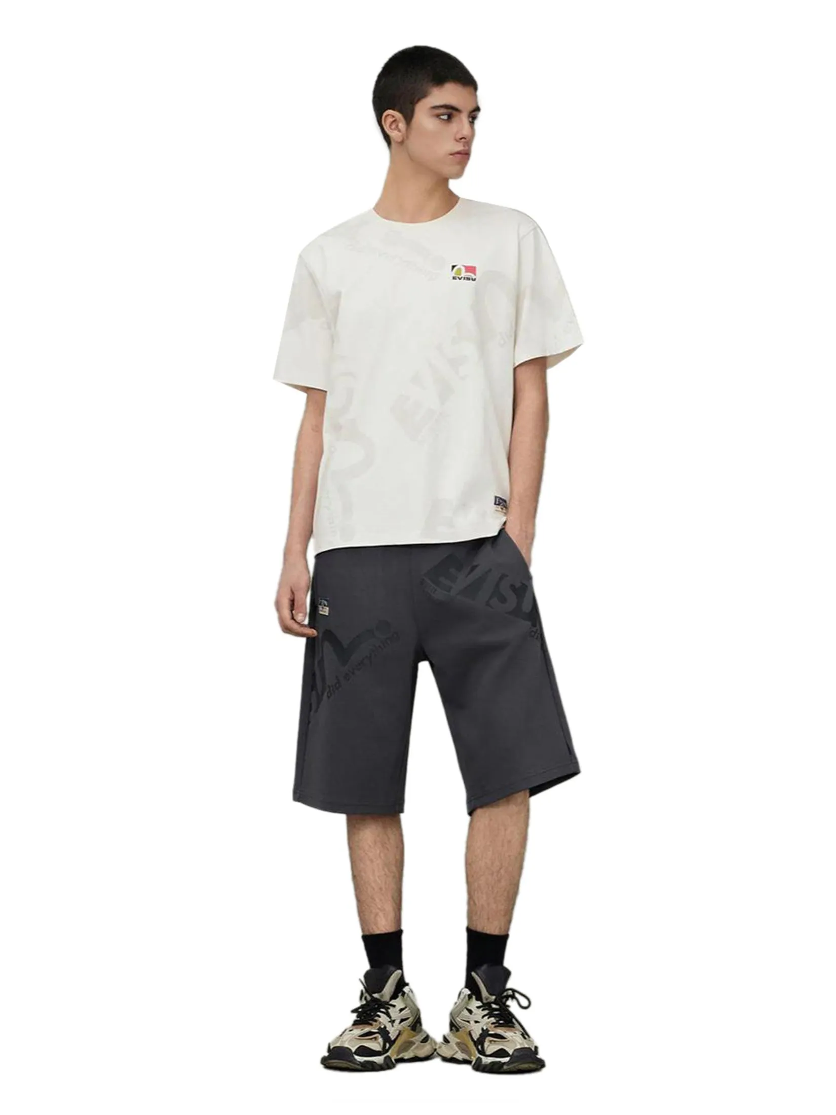 EVISU Men Sweatshorts Allover Logo and Seagull Print Regular Fit Charcoal