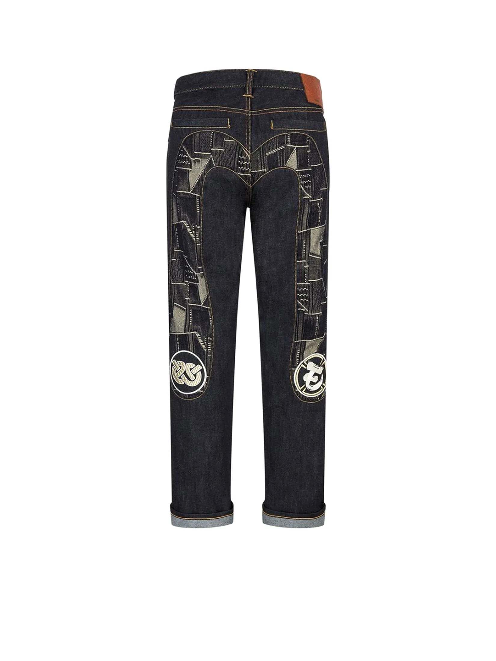 EVISU Men Jeans Patchwork Daicock Insert and Wheel Of Wisdom Embroidery Carrot Fit 2017 Indigo EVISU Men Jeans Patchwork Daicock Insert and Wheel Of Wisdom Embroidery Carrot Fit 2017 Indigo