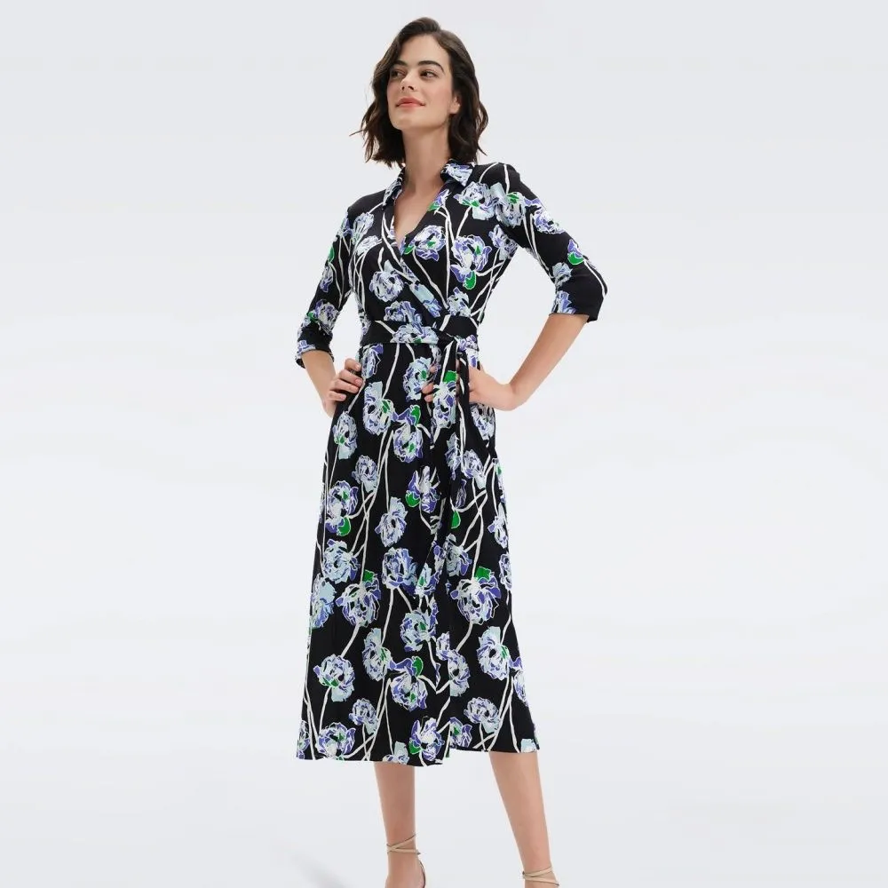 DIANE VON FURSTENBERG DVF ABIGAIL MIDI DRESS WATERCOLOR FLORAL LG BLACK DIANE VON FURSTENBERG DVF ABIGAIL MIDI DRESS WATERCOLOR FLORAL LG BLACK