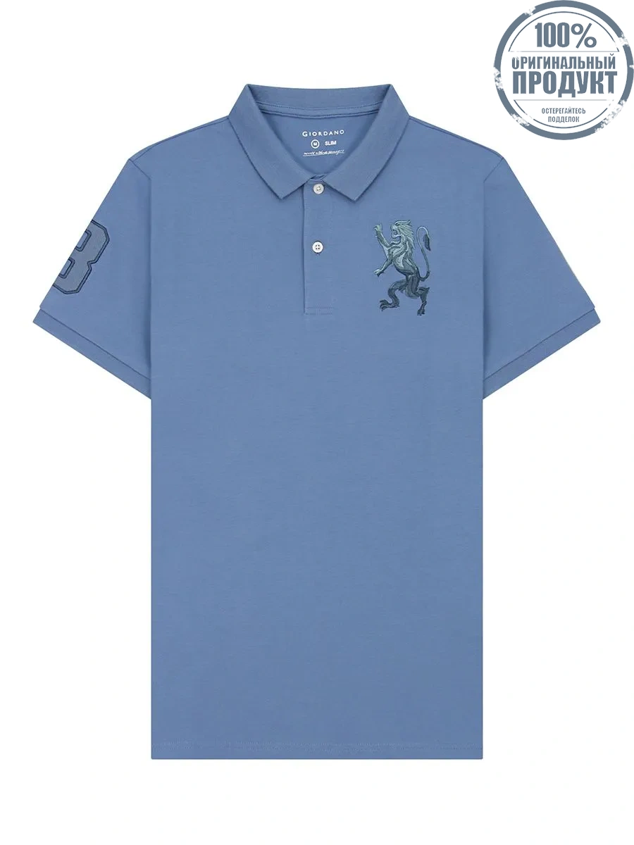GIORDANO Men's Lycra Pique Embroidery Polo (3D Lion) Coronet blue GIORDANO Men's Lycra Pique Embroidery Polo (3D Lion) Coronet blue