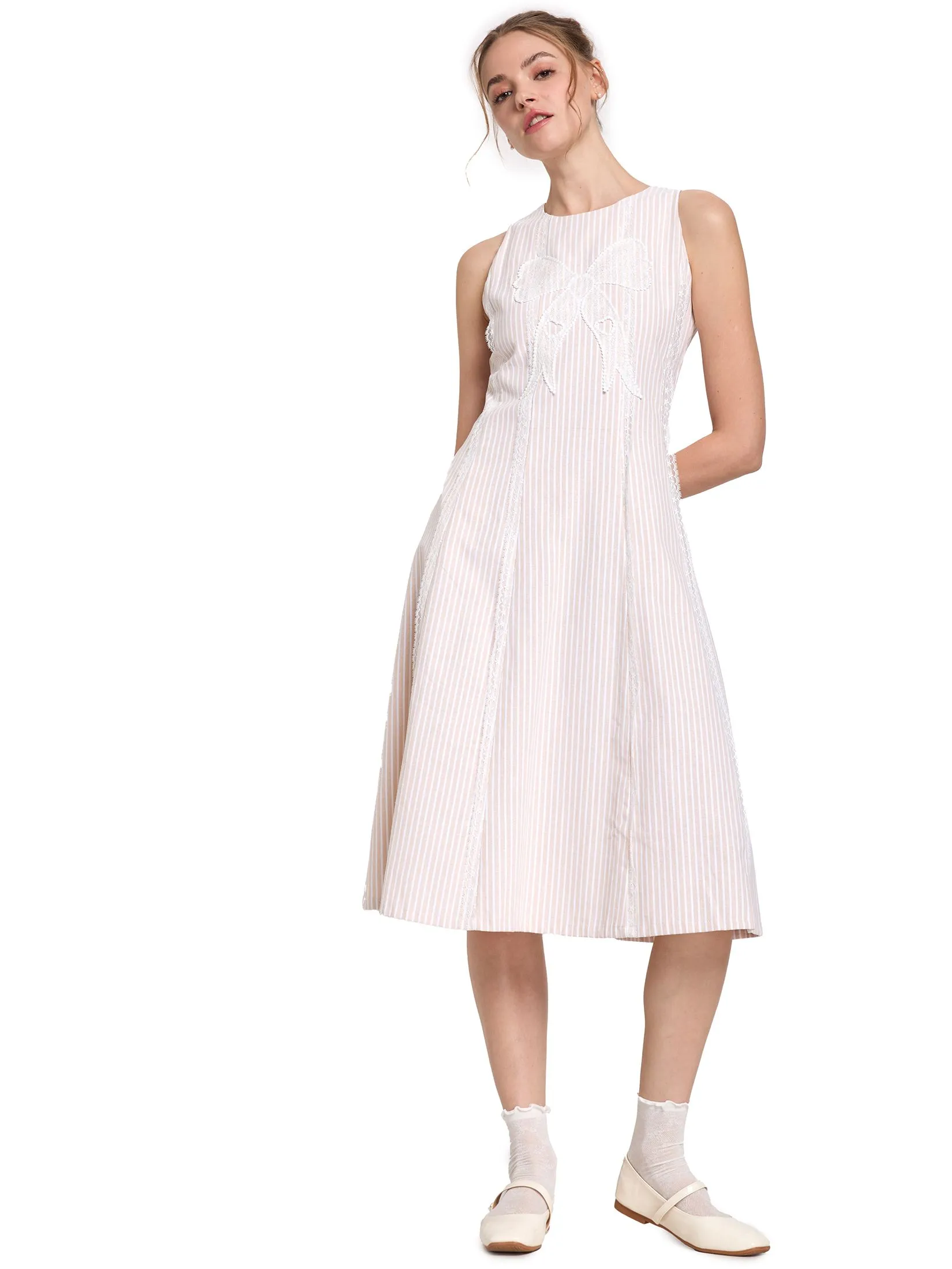 LOLITA Women Midi Dress Sleeveless Stripe With Lace Detail LOLITA Women Midi Dress Sleeveless Stripe With Lace Detail