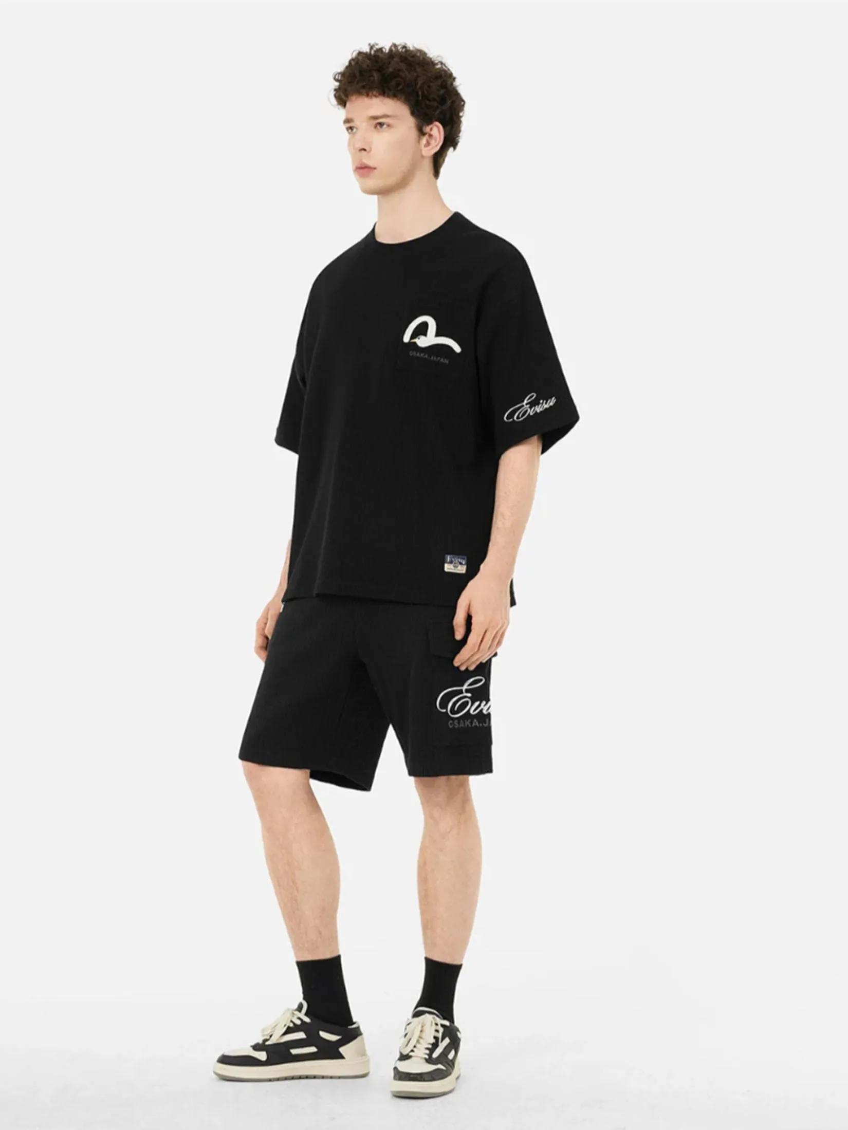 EVISU Men Sweatshirt Short-Sleeve Waffle Seagull and Logo Embroidery Oversized Black EVISU Men Sweatshirt Short-Sleeve Waffle Seagull and Logo Embroidery Oversized Black