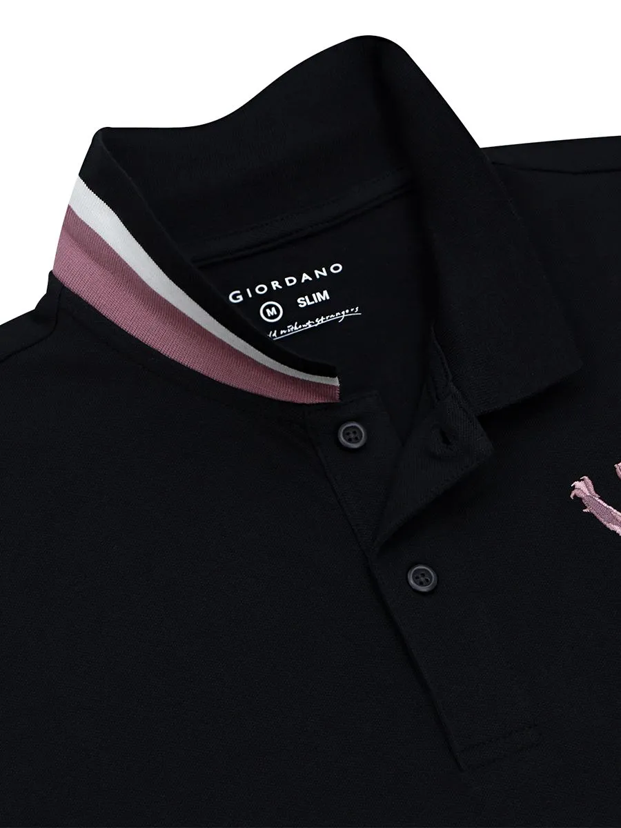 GIORDANO Men's Lycra Pique Embroidery Polo (3D Lion) Black GIORDANO Men's Lycra Pique Embroidery Polo (3D Lion) Black