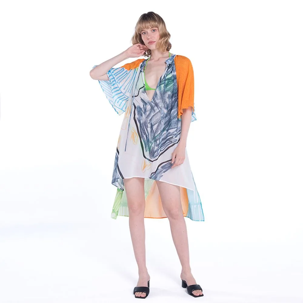 ANGELYS BALEK MULTICOLOR DEEP-V HIGH LOW DRESS WOMEN SHORT KAFTAN ANGELYS BALEK MULTICOLOR DEEP-V HIGH LOW DRESS WOMEN SHORT KAFTAN