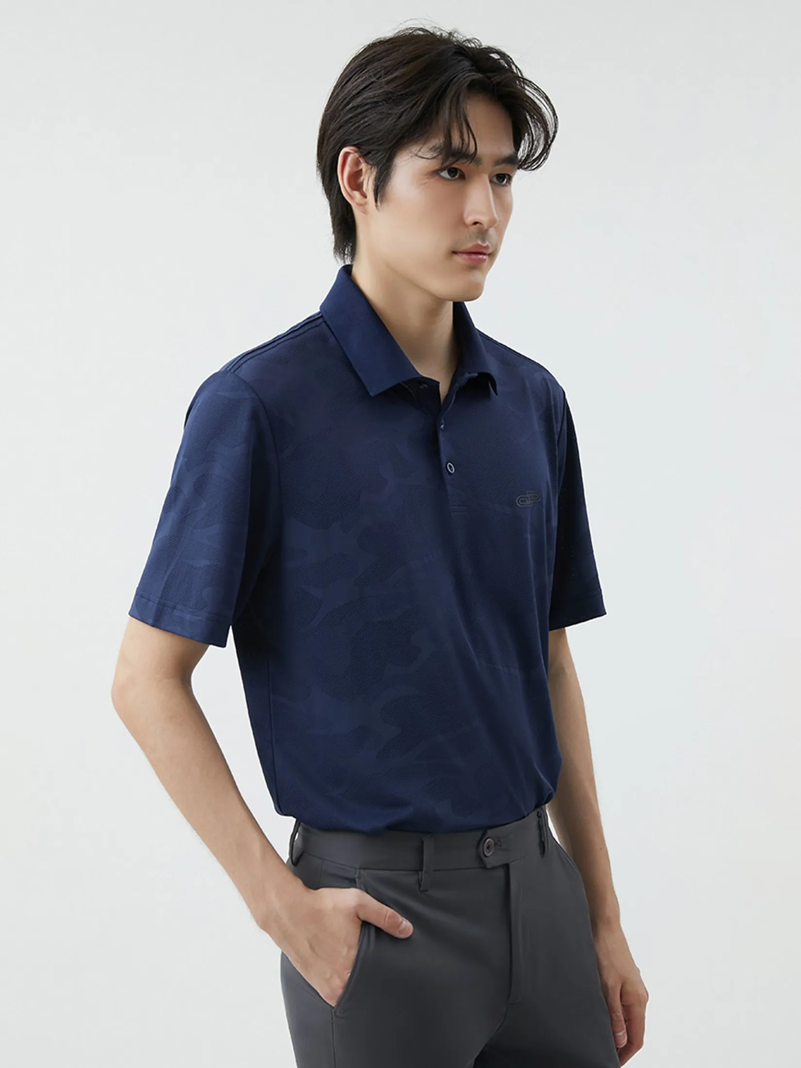 DAPPER DAPPER Tonal Camo Jacquard Polo Shirt Navy DAPPER DAPPER Tonal Camo Jacquard Polo Shirt Navy