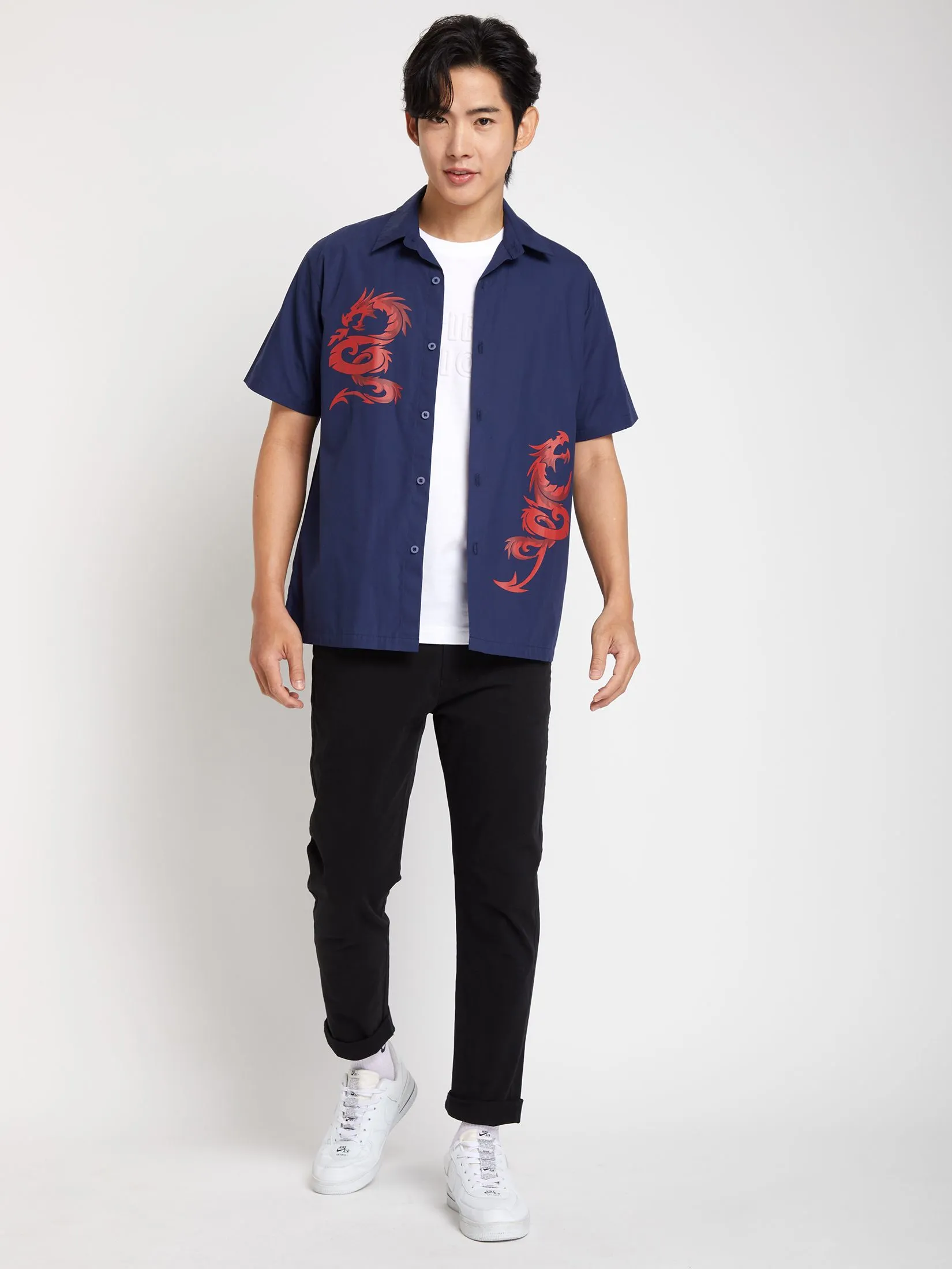 PACIFIC UNION Men Shirt Short Sleeves CNY Graphic Print Navy PACIFIC UNION Men Shirt Short Sleeves CNY Graphic Print Navy