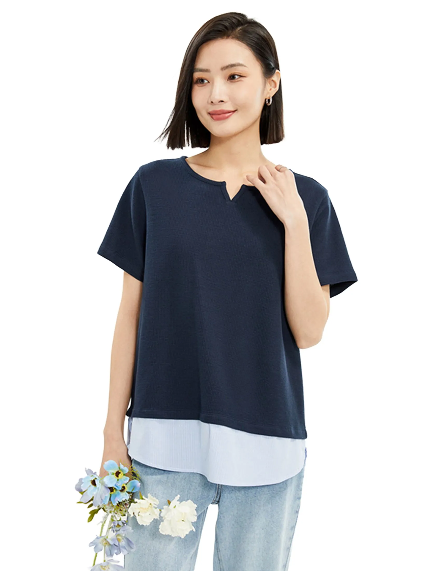 GIORDANO Women's Beau Monde Waffle Patchwork T-shirt Navy Blue GIORDANO Women's Beau Monde Waffle Patchwork T-shirt Navy Blue