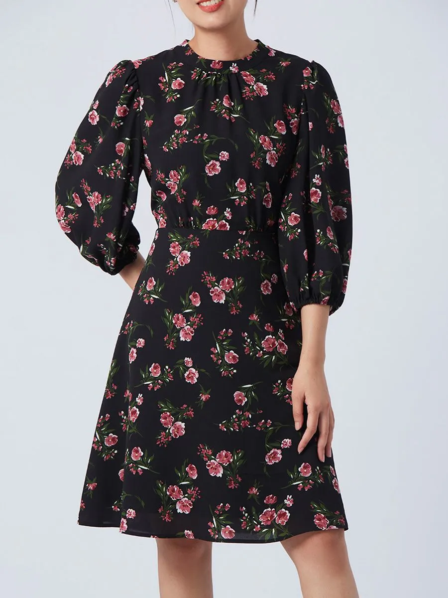 ESPADA Floral Print Fit and Flare Dress Women Black ESPADA Floral Print Fit and Flare Dress Women Black