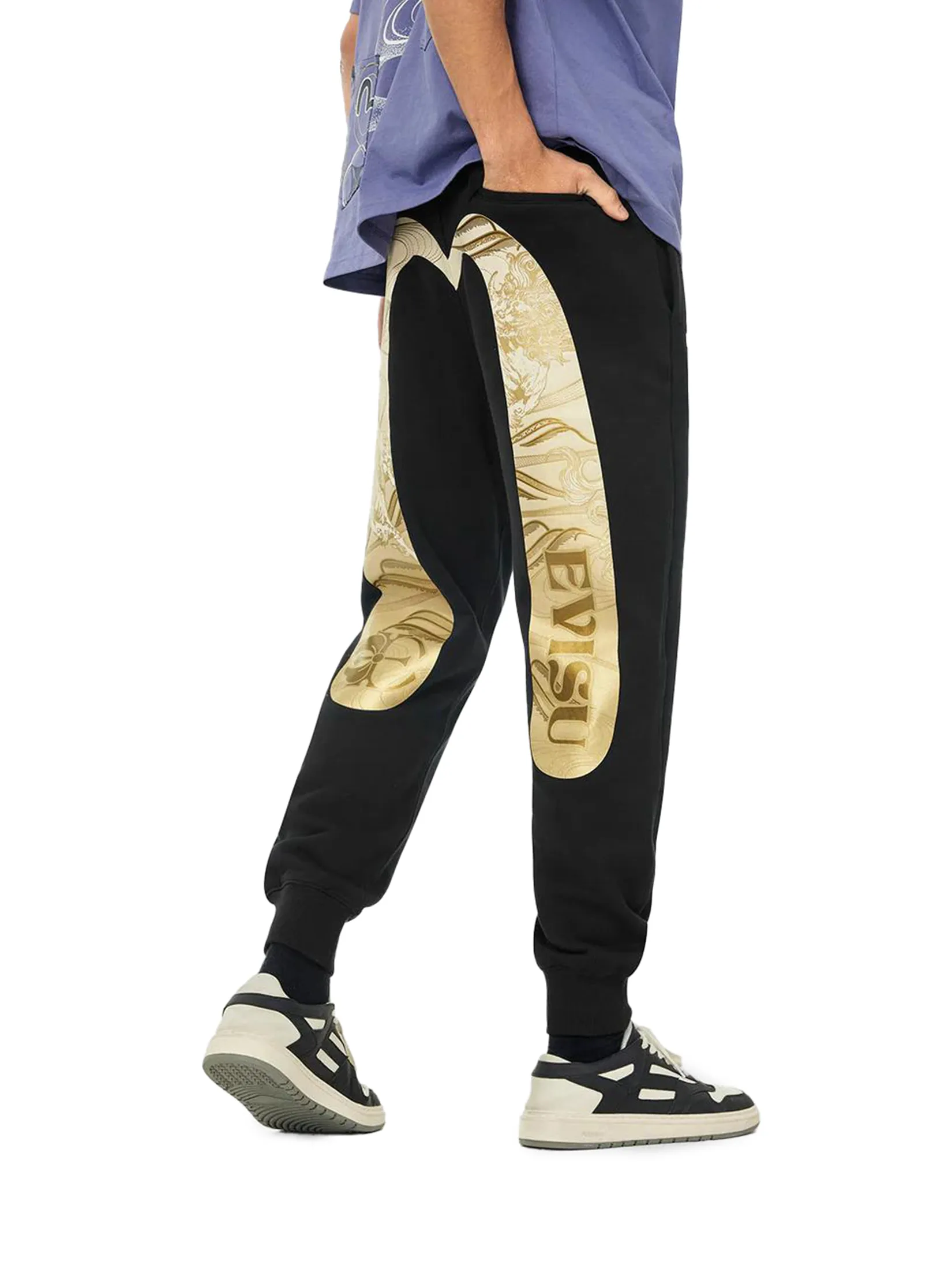 EVISU Men Sweatpants Hakutaku Daicock Printed Regular Fit Black EVISU Men Sweatpants Hakutaku Daicock Printed Regular Fit Black